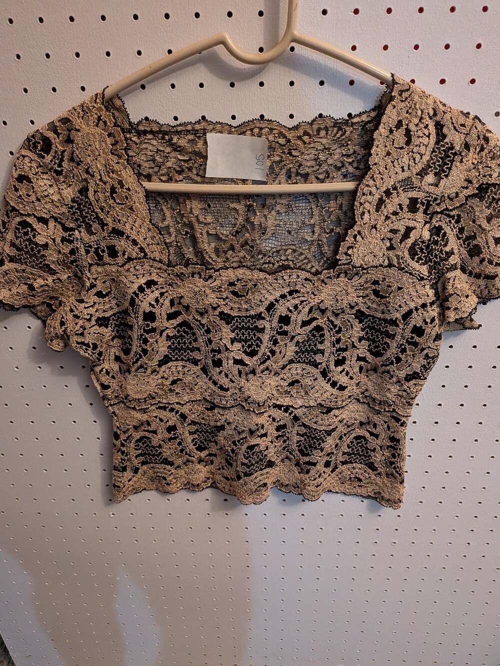 Vintage Lace Crop Top Short Sleeve Black Beige